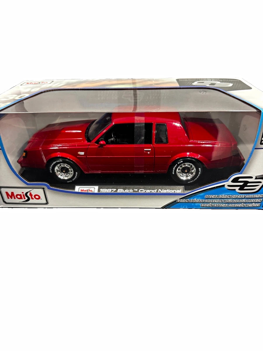 Maisto 1:18 1987 Buick Grand National red diecast model side profile in retail box