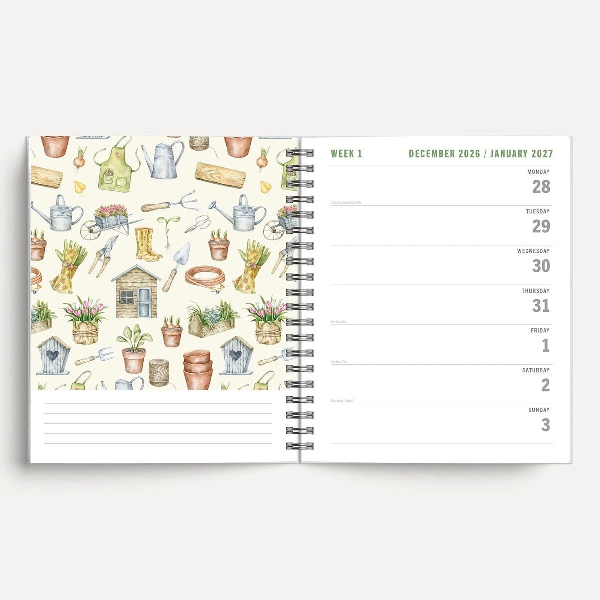 Garden Life 2027 A5 Spiral Diary dimensions and feature list including holidays, observances and inner pocket