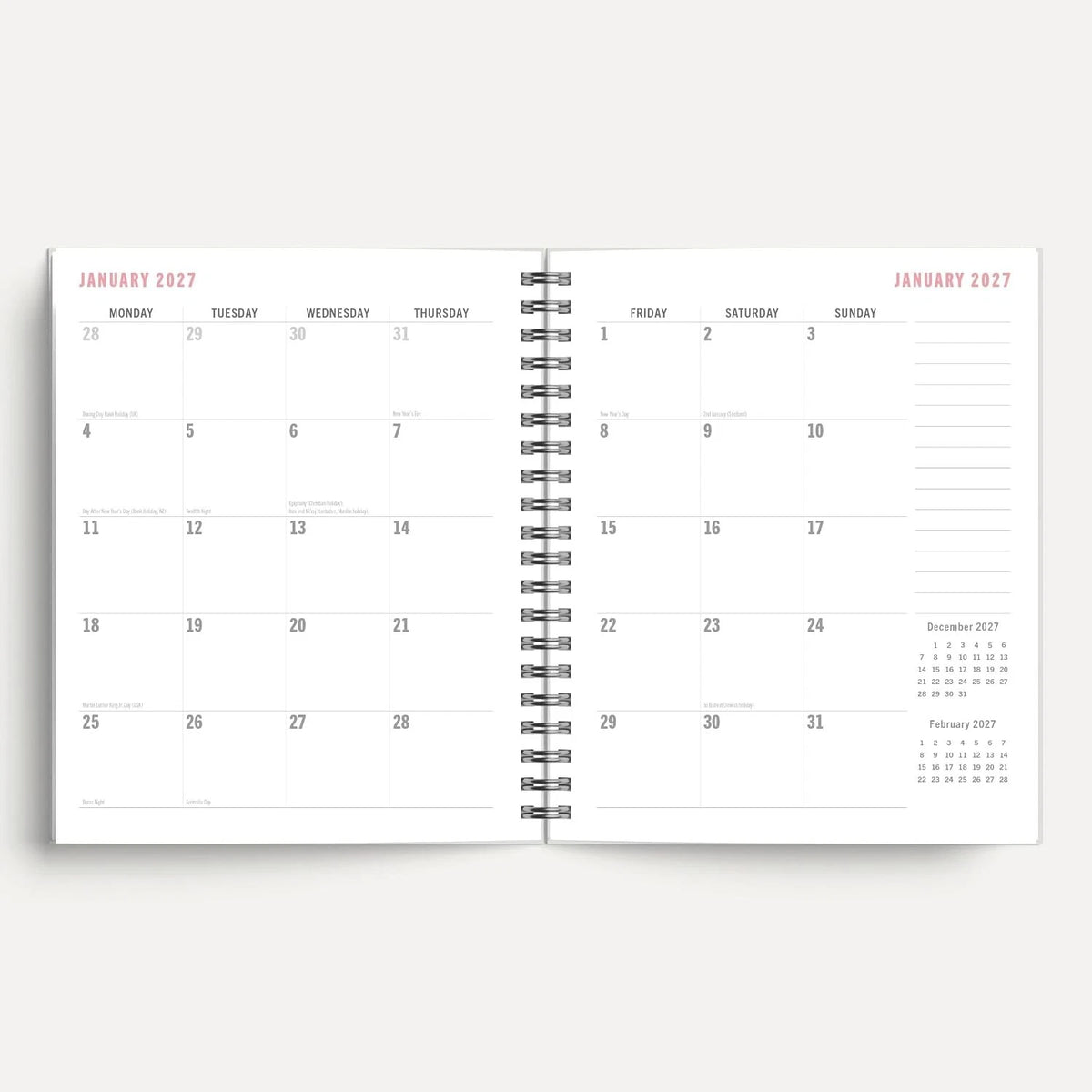 Redoute 2027 A5 Spiral Diary January 2027 monthly overview spread
