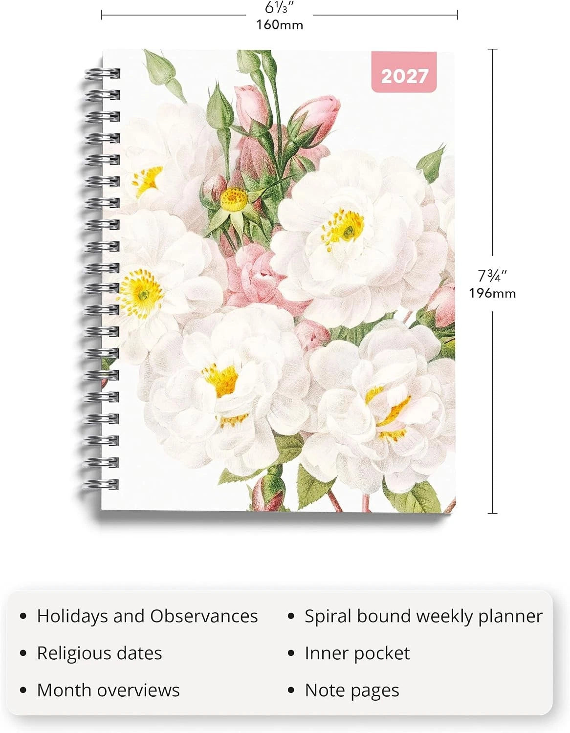 Redoute 2027 A5 Spiral Diary back cover with rose artwork and barcode