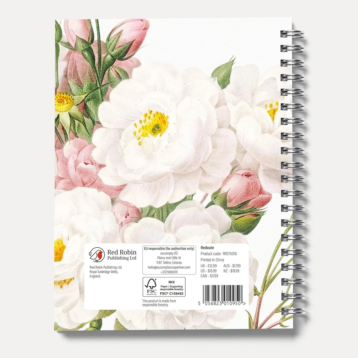 Redoute 2027 A5 Spiral Diary front cover with pink and white rose botanical artwork
