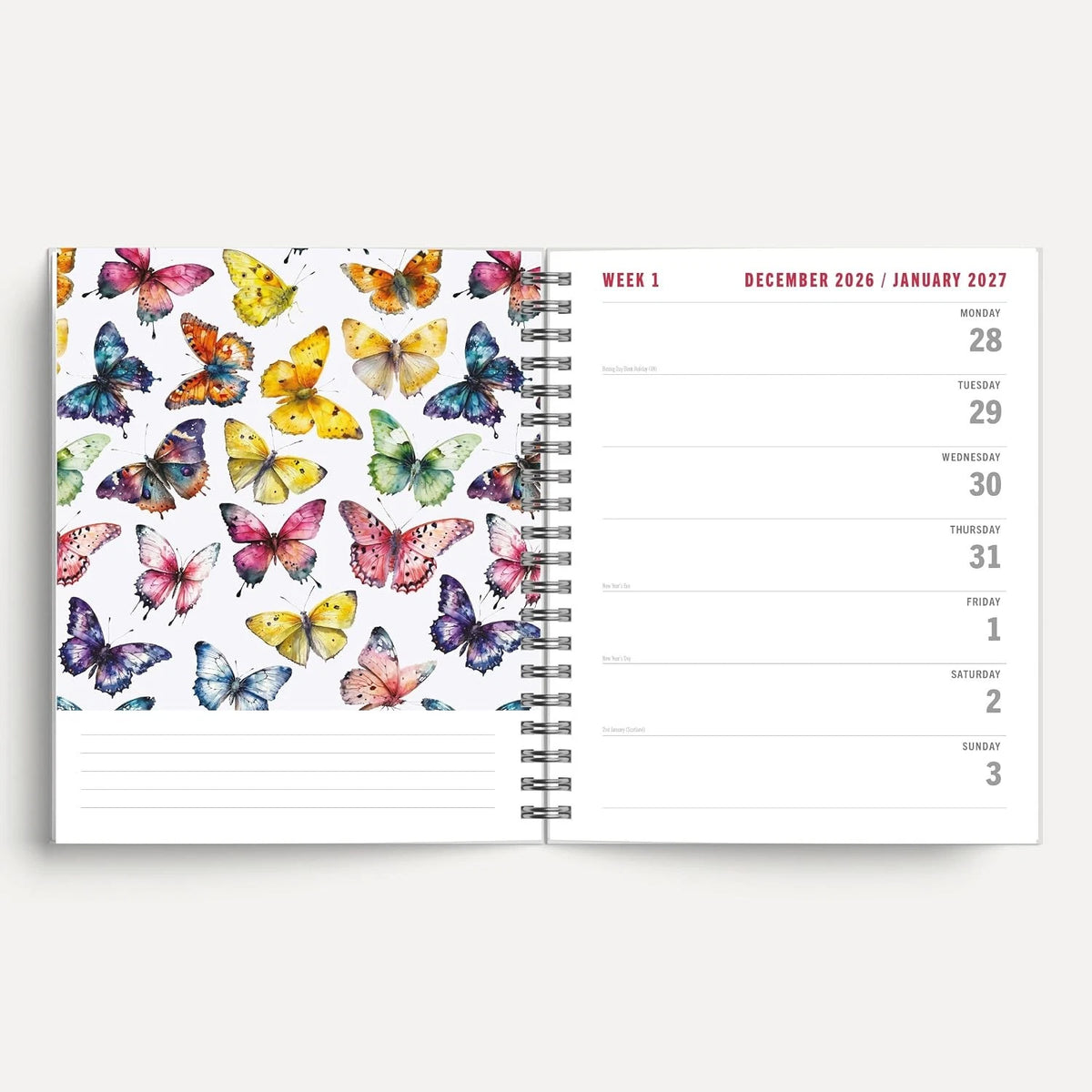 Butterflies 2027 A5 Spiral Diary dimensions and feature list including holidays, observances and inner pocket