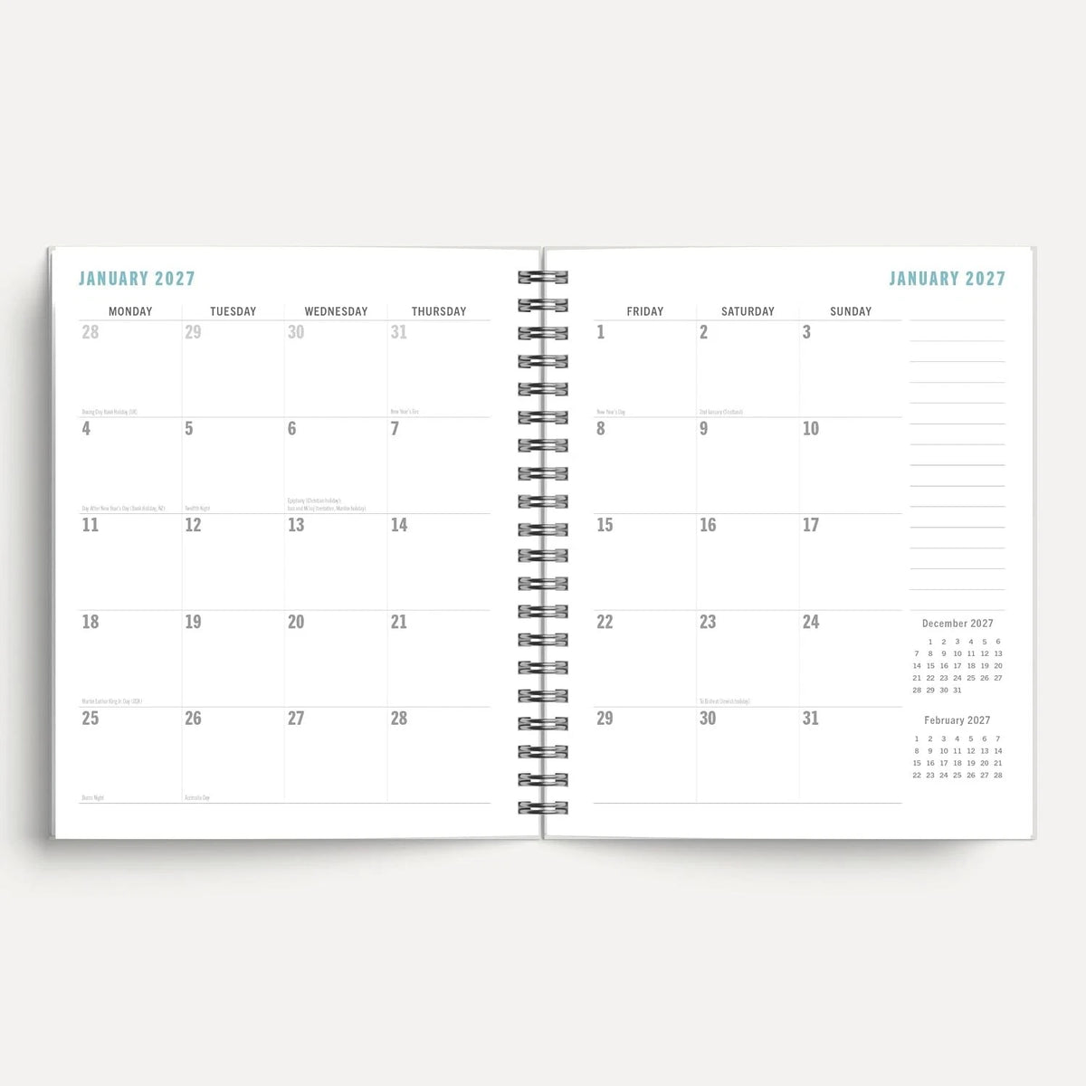 Klimt 2027 A5 Spiral Diary dimensions and feature list including holidays, observances and inner pocket