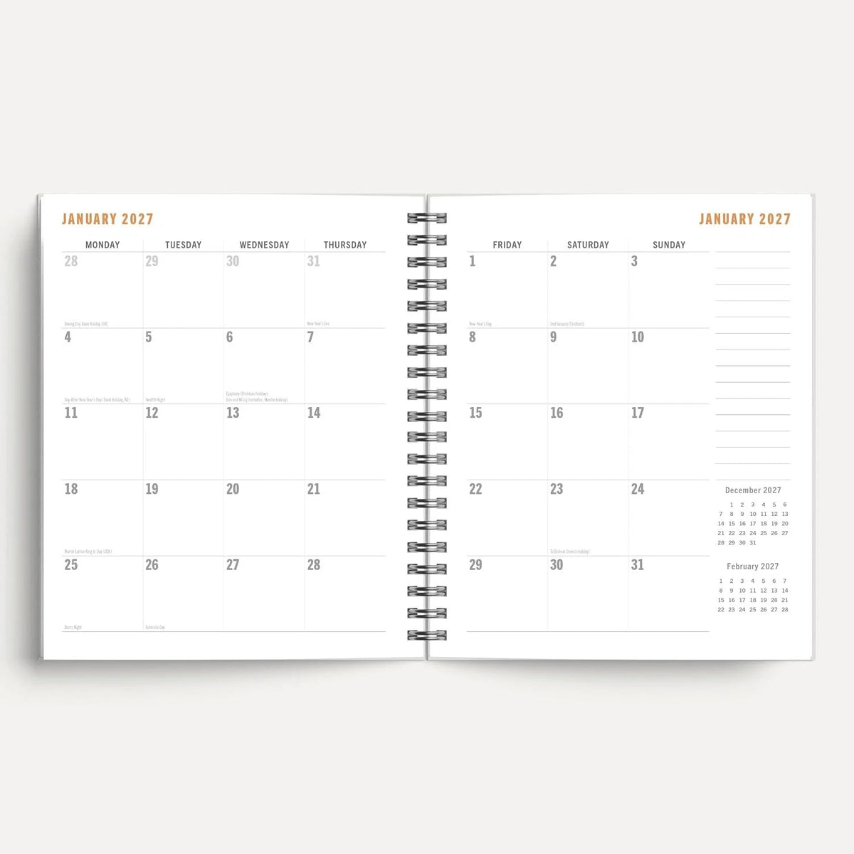 Dogs and Puppies 2027 A5 Spiral Diary dimensions and feature list including holidays, observances and inner pocket