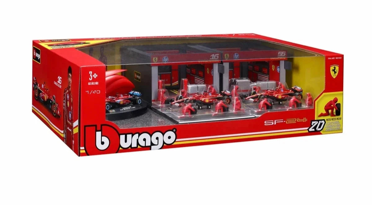 Bburago Scuderia Ferrari HP SF-24 C. Leclerc Formula 1 Team Deluxe Pit Set