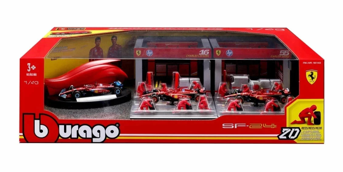 Bburago Scuderia Ferrari HP SF-24 C. Leclerc Formula 1 Team Deluxe Pit Set