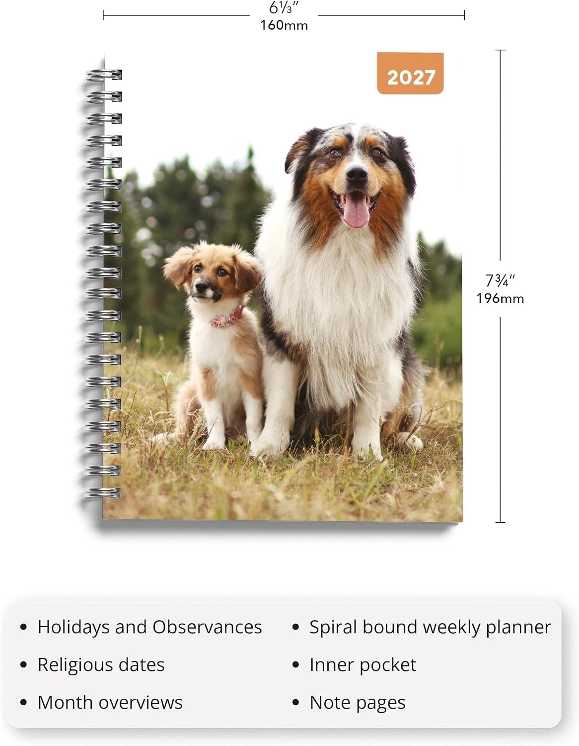 Dogs and Puppies 2027 A5 Spiral Diary monthly overview spread with puppies photograph