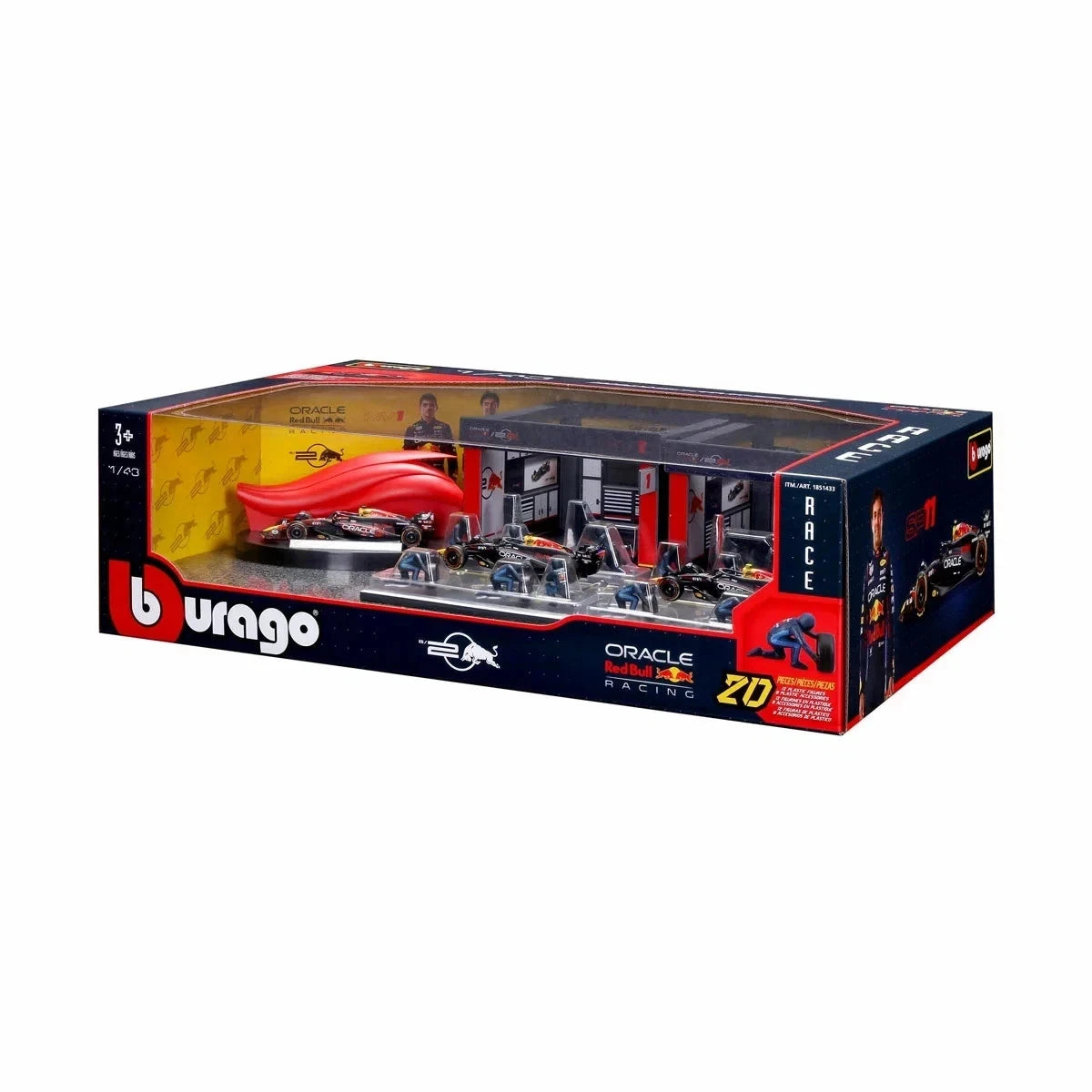 Bburago Oracle Red Bull Racing RB20 M. Verstappen Formula 1 Team Deluxe Pit Set
