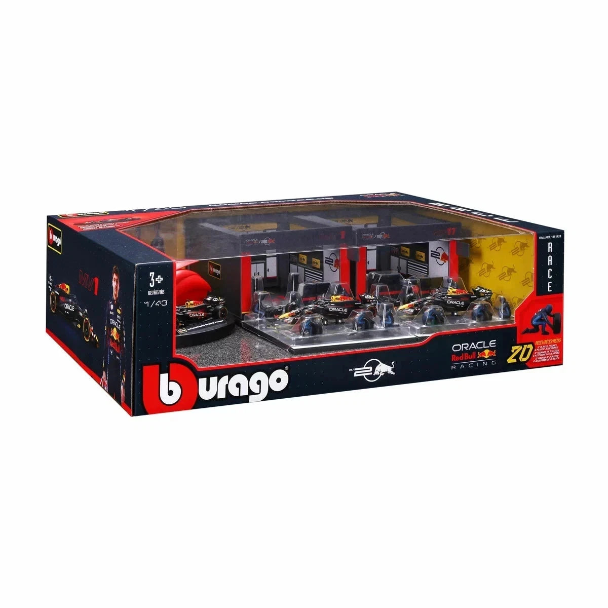 Bburago Oracle Red Bull Racing RB20 M. Verstappen Formula 1 Team Deluxe Pit Set