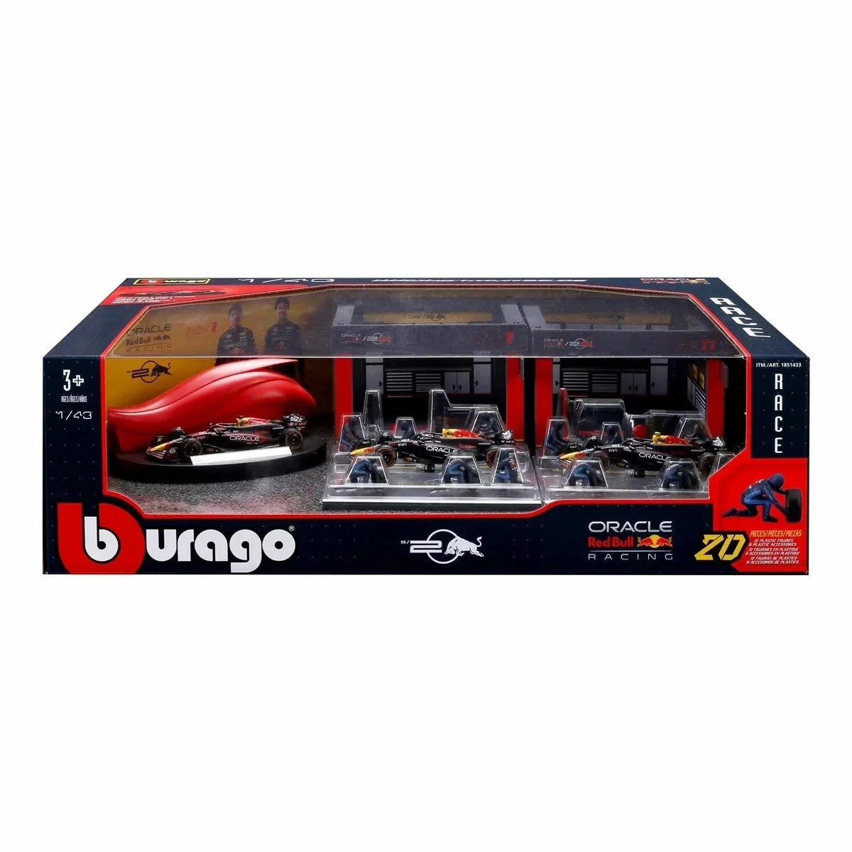 Bburago Oracle Red Bull Racing RB20 M. Verstappen Formula 1 Team Deluxe Pit Set
