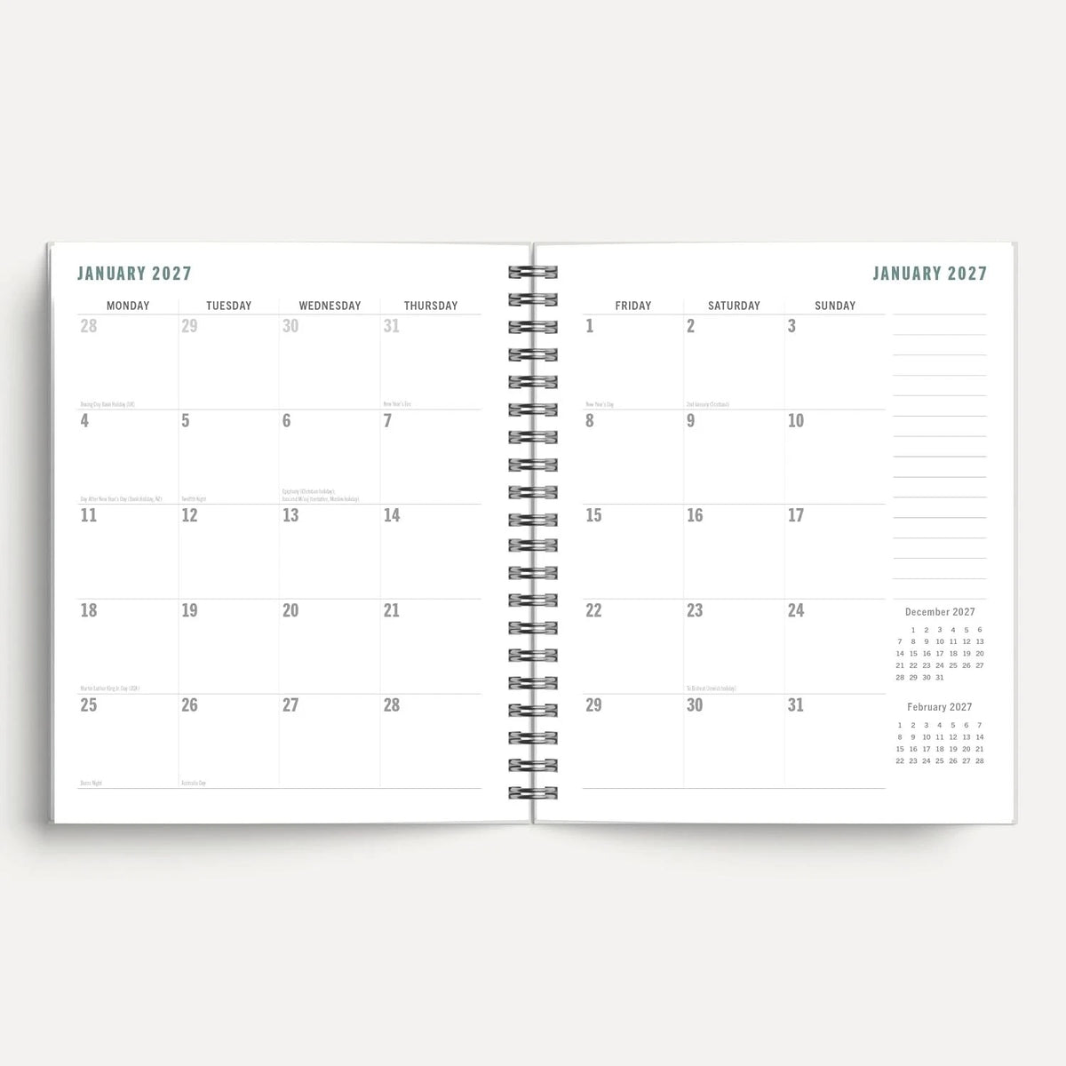 Cats and Kittens 2027 A5 Spiral Diary dimensions and feature list including holidays, observances and inner pocket