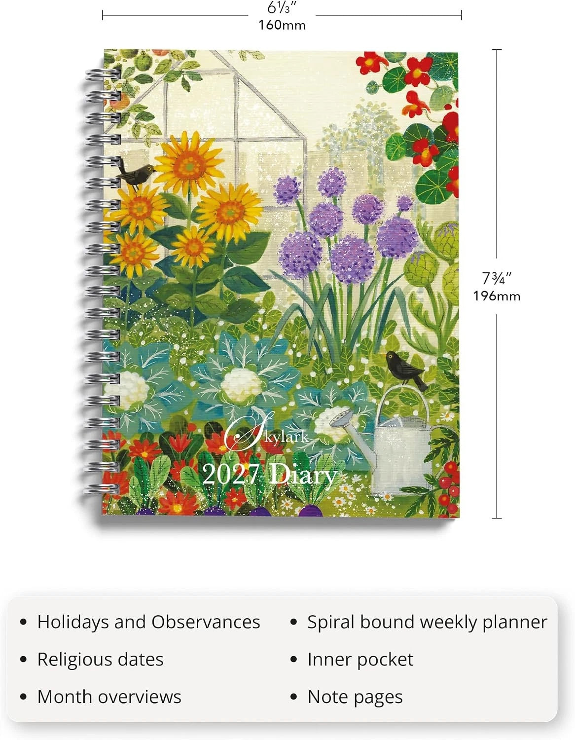 Skylark Summer Bloom 2027 A5 Spiral Diary front cover on desk with succulent plant and pen