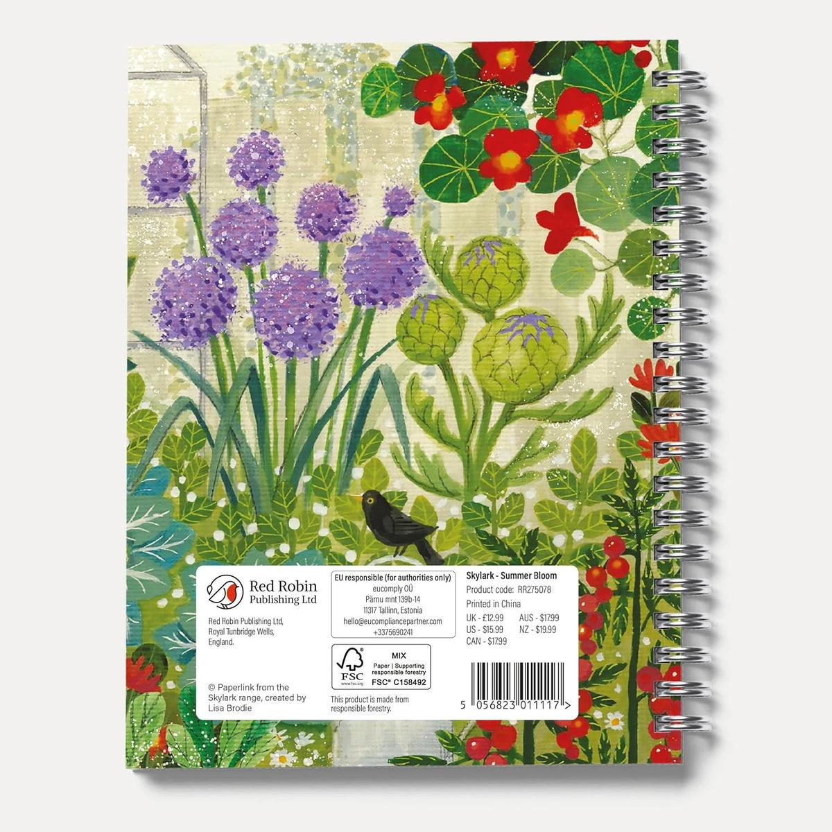 Skylark Summer Bloom 2027 A5 Spiral Diary back cover with garden artwork and barcode