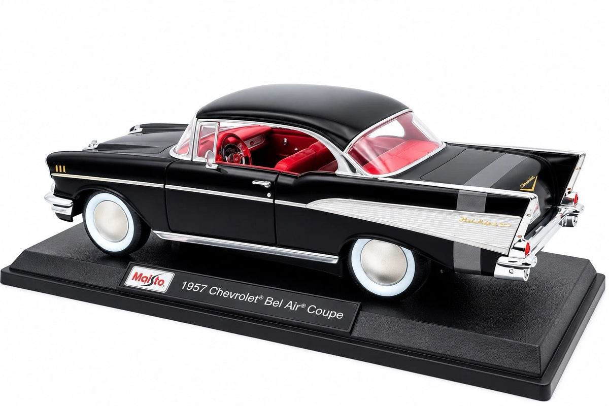 Maisto 1:18 1957 Chevrolet Bel Air Coupe black diecast model side profile on display stand