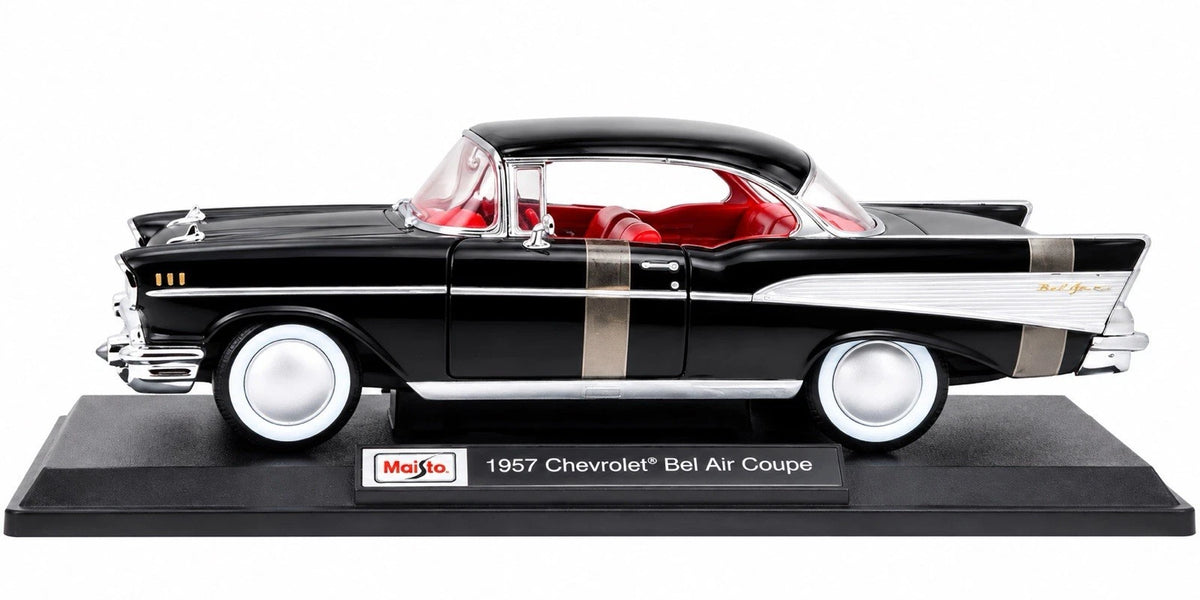 Maisto 1:18 1957 Chevrolet Bel Air Coupe black diecast model rear three-quarter view