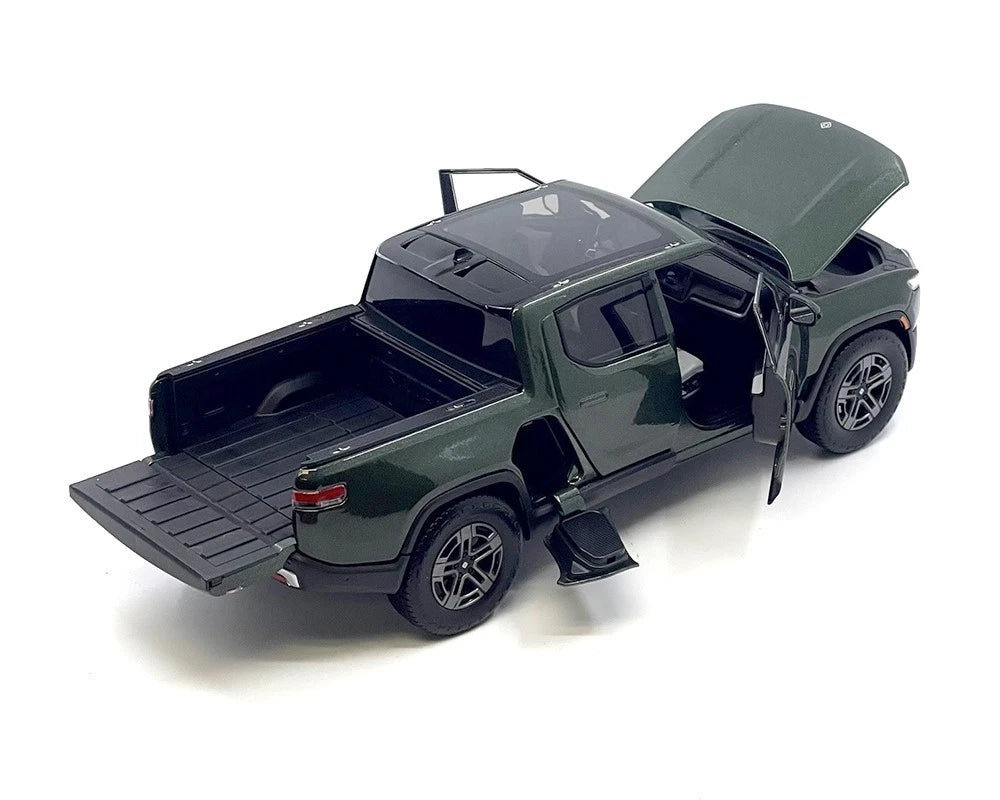 Rivian R1T green diecast model pickup truck rear angle view with tailgate down and doors open