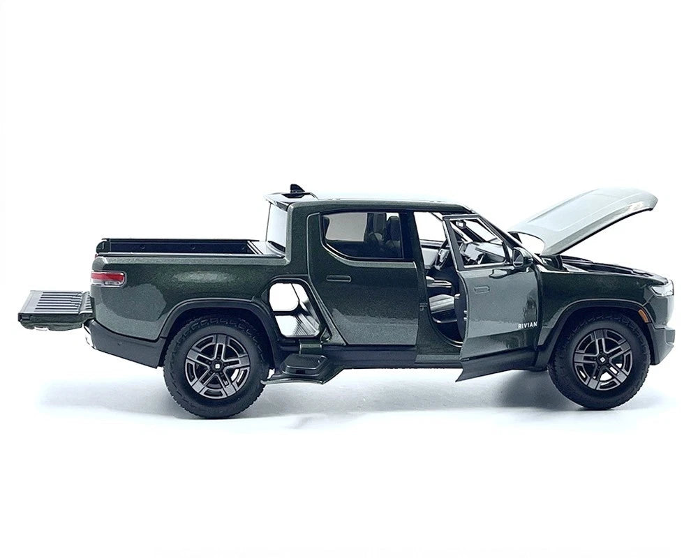 Rivian R1T green diecast model pickup truck side profile with doors and bonnet open