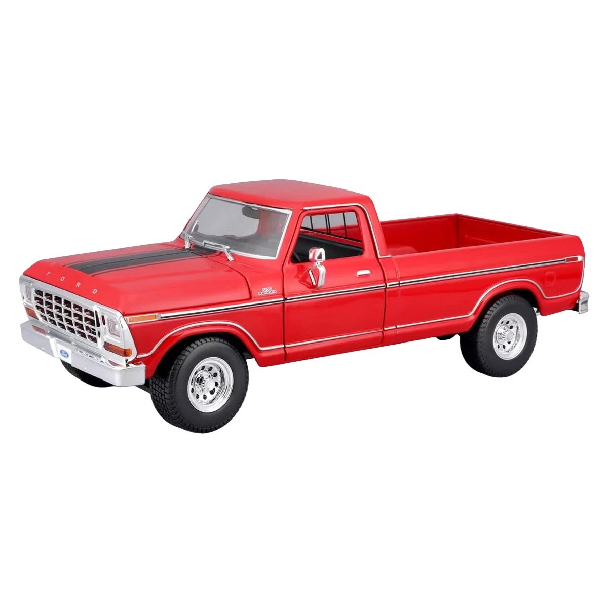 Maisto 1:18 1979 Ford F150 red diecast model retail box packaging angled view