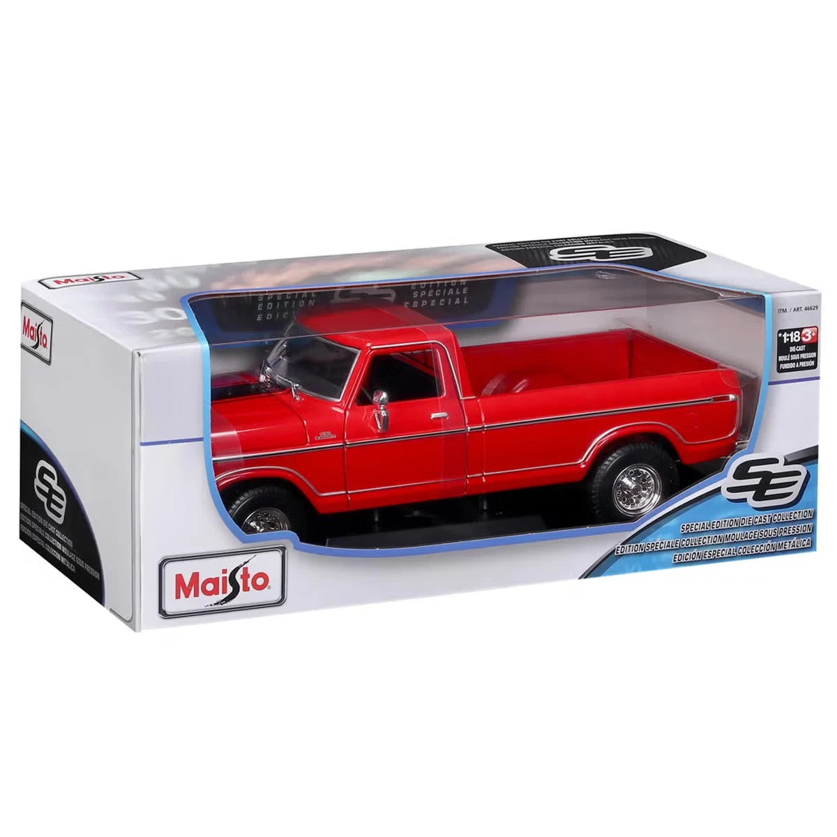 Maisto 1:18 1979 Ford F150 red diecast model retail box packaging