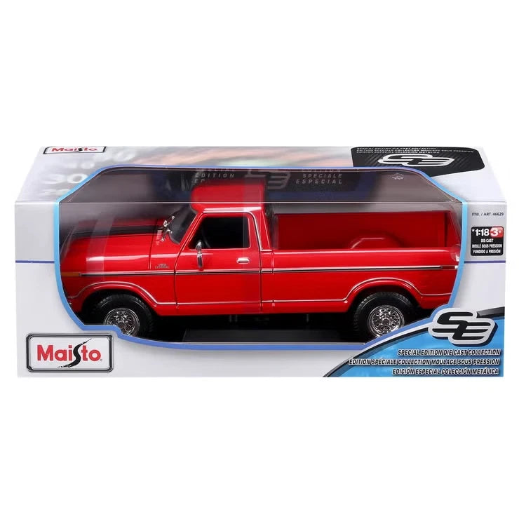 Maisto 1:18 1979 Ford F150 red diecast model side profile