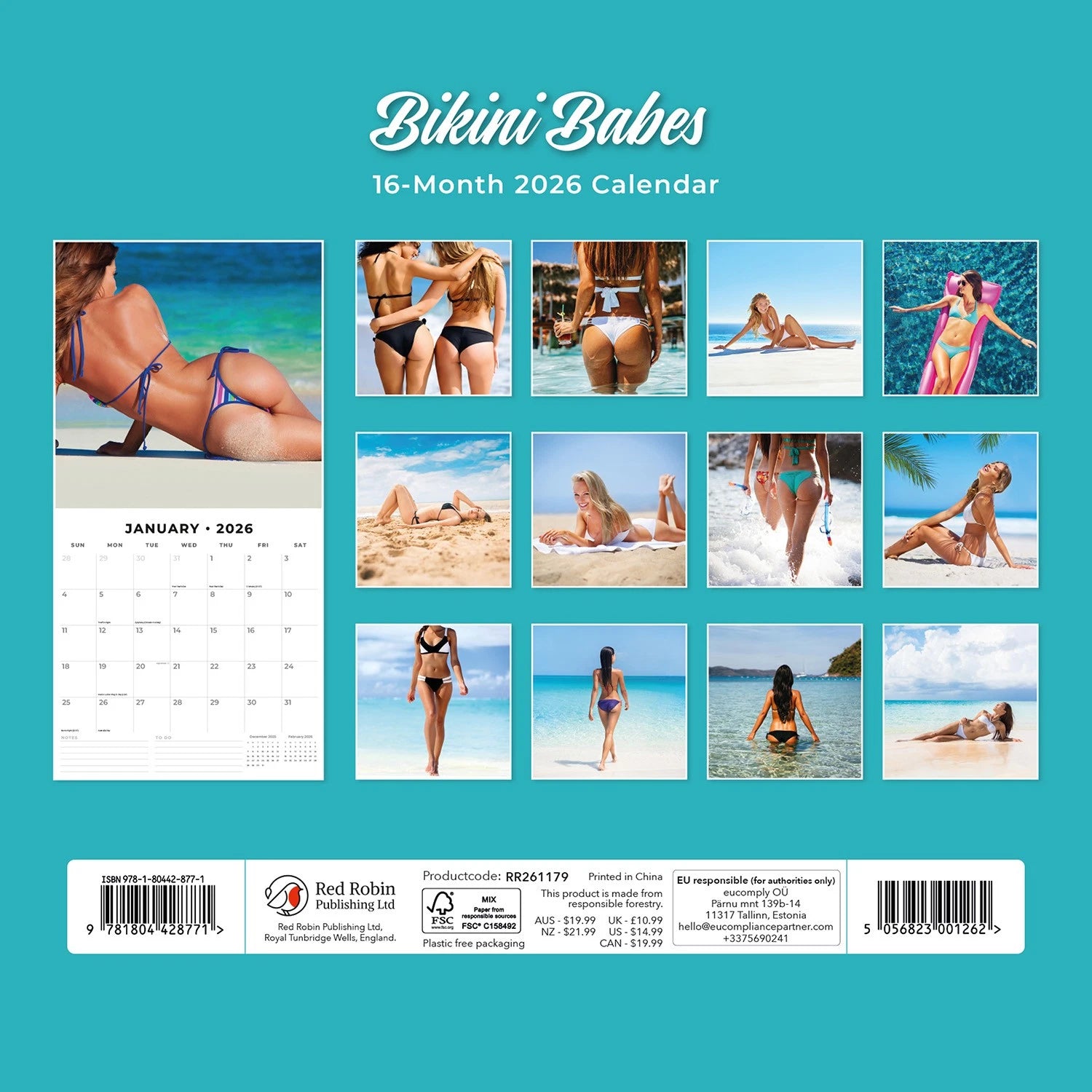 Bikini Babes 2026 Square Wall Calendar Monthly Planner – 16-Month, Large Grid | Red Robin (RR261179)