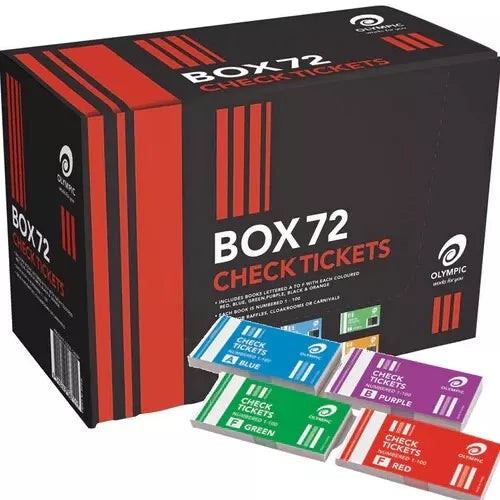 Olympic Check Tickets Raffle Ticket Books 1–100 | Assorted Colours | Box of 72