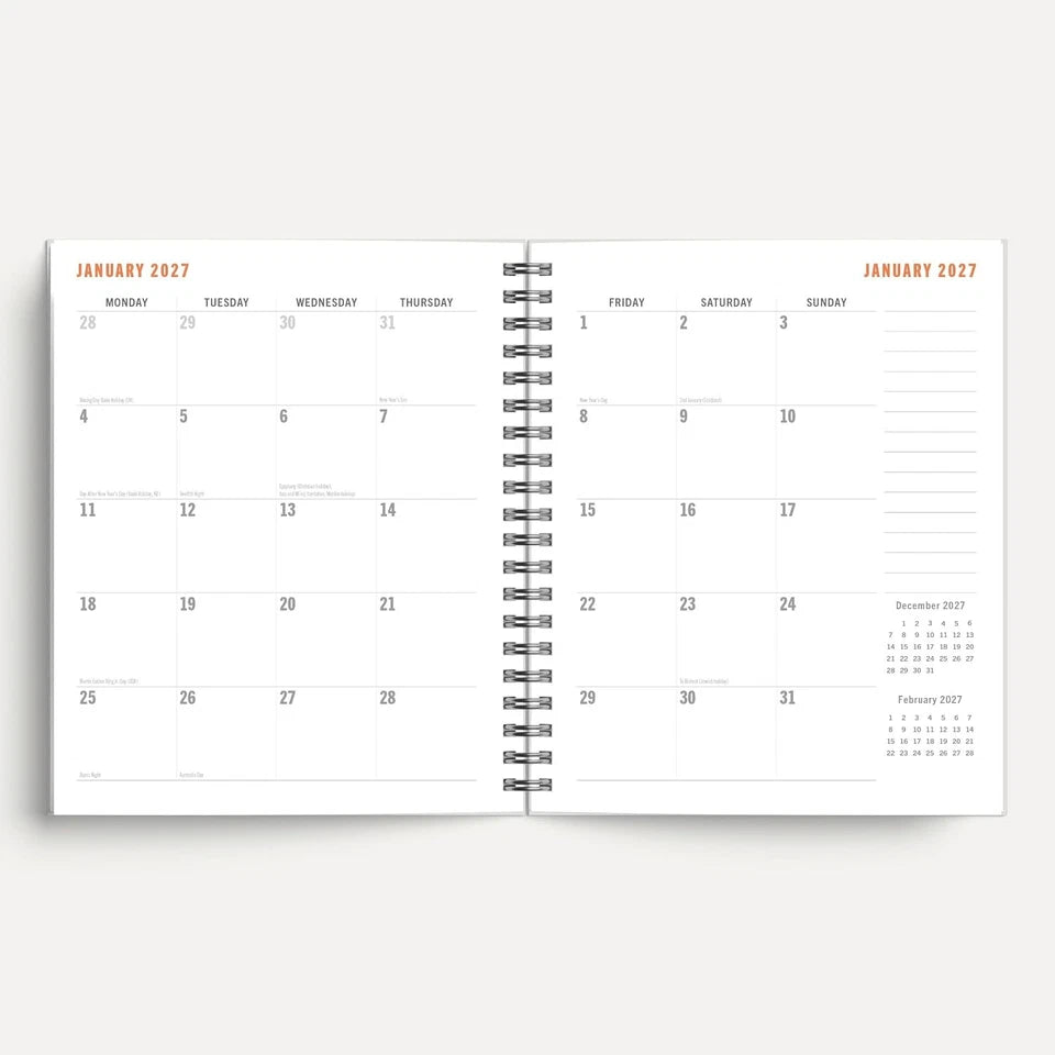 Nature 2027 A5 Spiral Diary dimensions and feature list including holidays, observances and inner pocket
