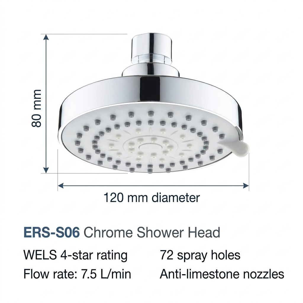ERS-S06 shower head showing 120 mm diameter, 80 mm height and specifications