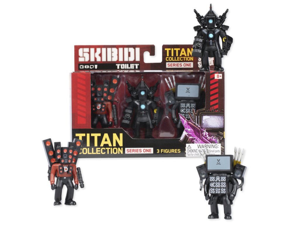 Skibidi Toilet Titan 3-pack with figures displayed outside the box