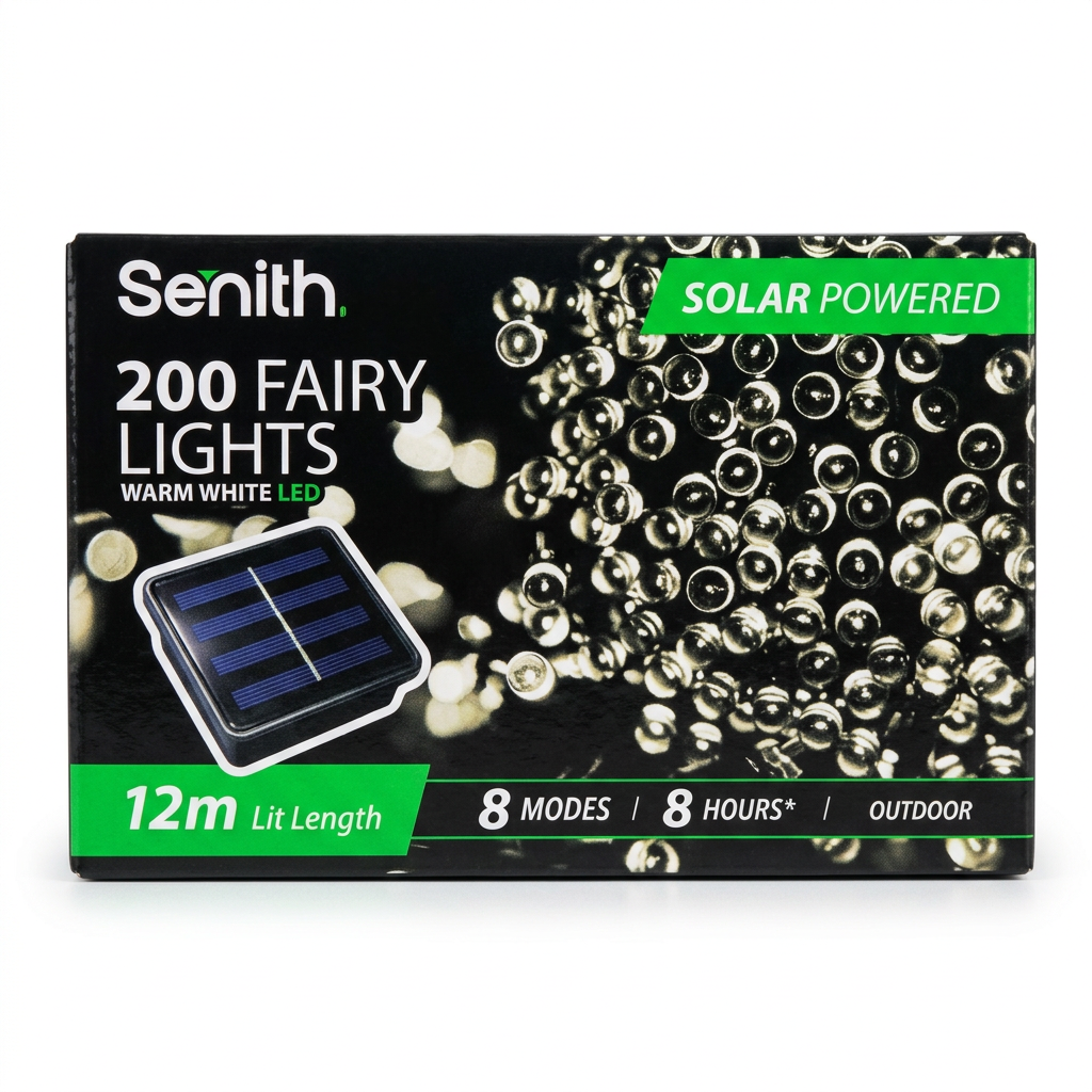 Warm white fairy lights box front on white background